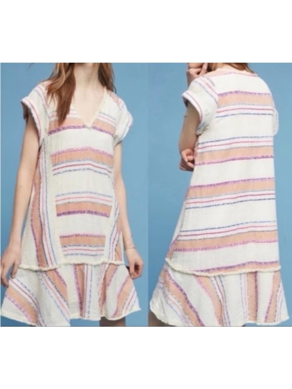 Holding Horses Elira Short Dress V Neck Short Rolled Sleeves Striped Fringe Boho